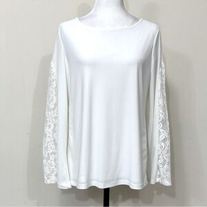 NEW IMAN White Blouse Lace Down Bell Sleeves Scoop Neck Pullover Blouse Top M